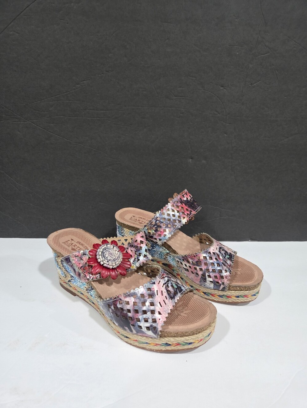 L'Artiste Colorful Floral Embellished Women’s Wedge Sandals - Pink Multi Sz.38